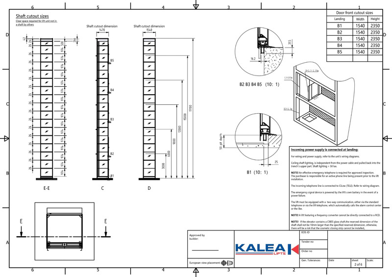 Bản vẽ kích thước khoét giếng thang tham khảo cho thang máy gia đình 5 tầng.