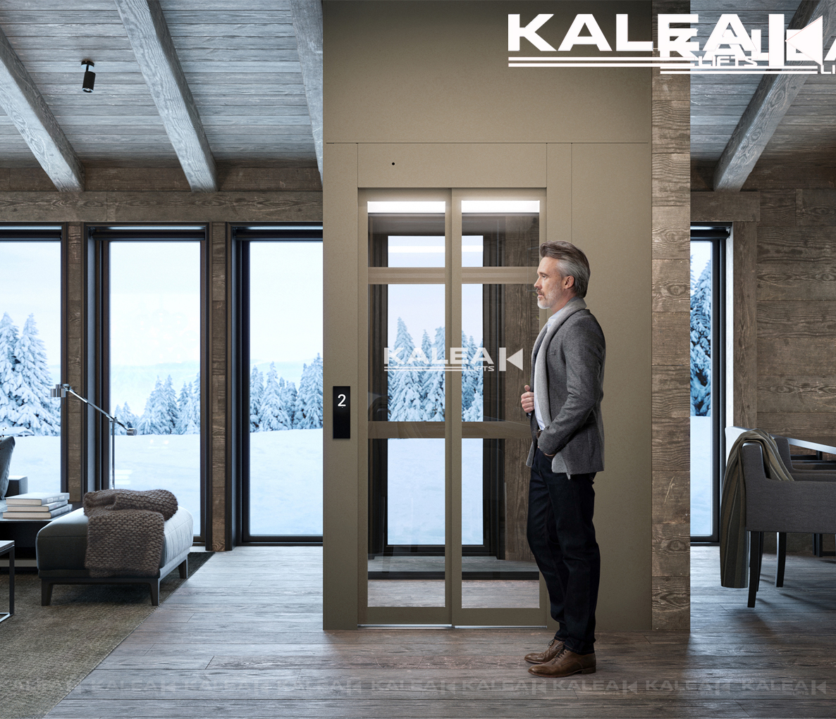 Thang máy cabin Kalea C1 Futura phiên bản Crystal nổi bật giữa cầu thang bộ.