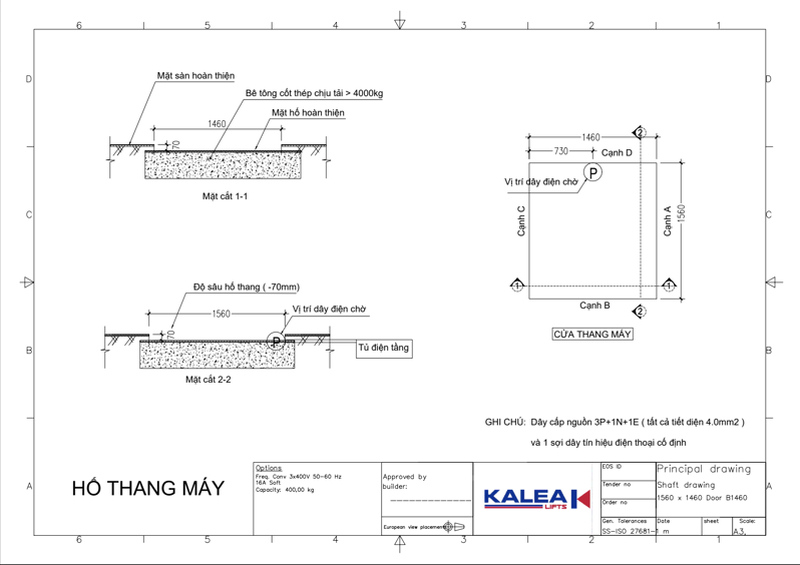Bản vẽ tham khảo kích thước hố thang máy gia đình Kalea 400 kg, phương án 1.560 × 1.460 mm.
