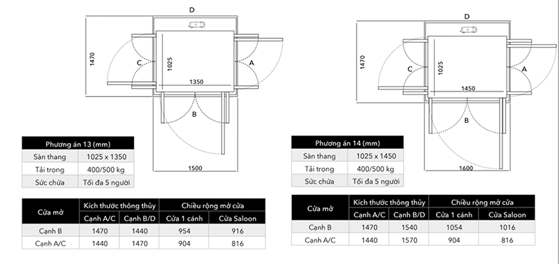 Bản vẽ kích thước thang máy gia đình 6 người Kalea Luna hệ thống trục vít tải trọng 400/500kg