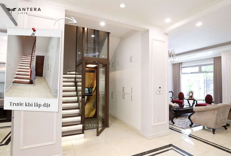 Thang máy Kalea lắp đặt giữa cầu thang bộ trong nhà có diện tích hạn chế.