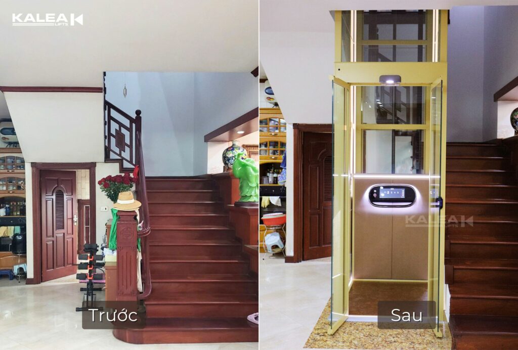 Lắp thang máy giữa thang bộ là phương án phù hợp nhất với nhà cải tạo