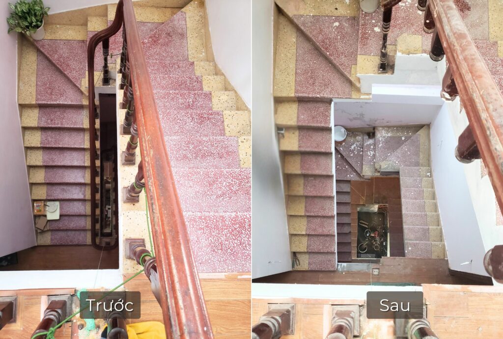 Trước và sau khi cắt 40cm thang bộ để lắp thêm thang máy Kalea