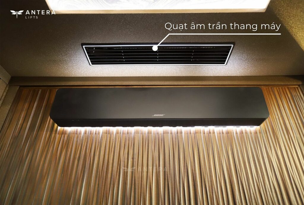 Quạt âm trần thang máy gia đình bố trí trên trần cabin Quạt âm trần thang máy gia đình bố trí trên trần cabin