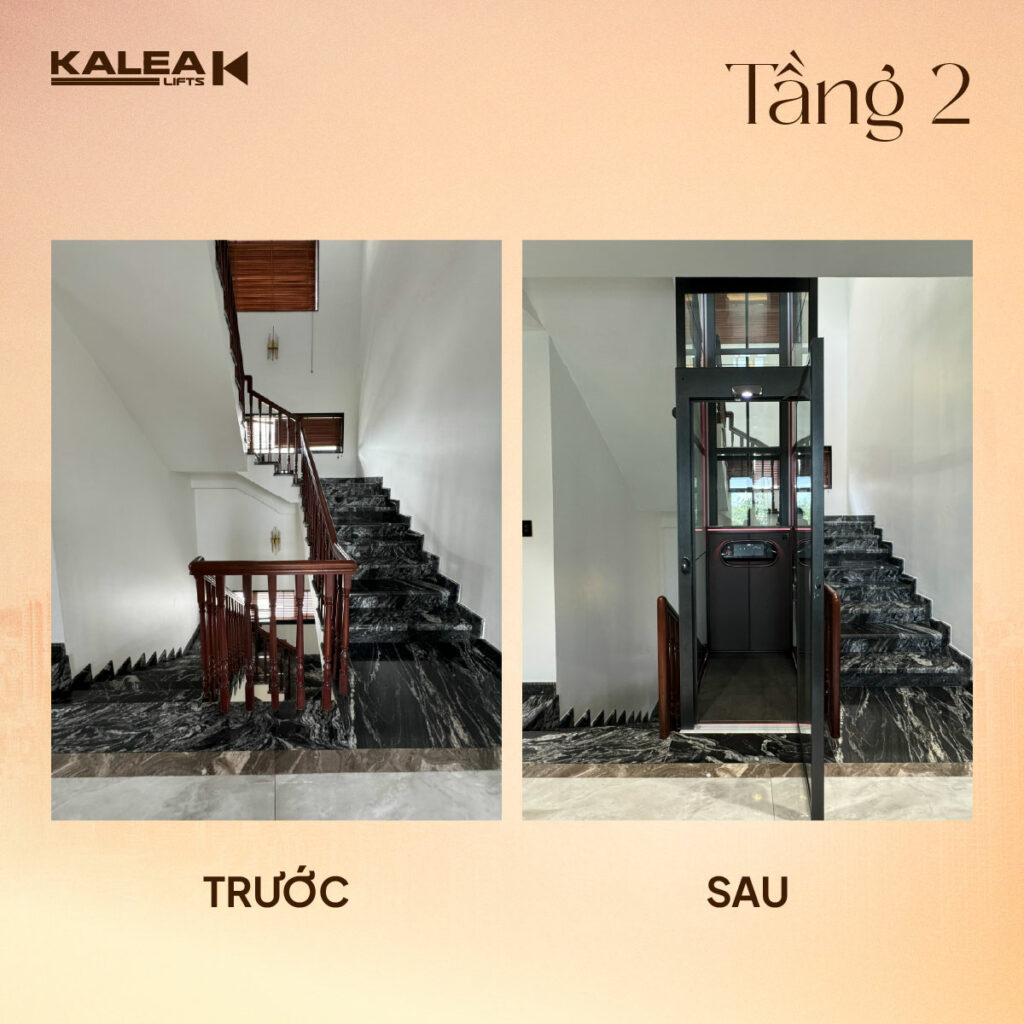 Sau khi lắp thang máy Kalea, khu vực thang bộ vẫn đảm bảo lưu thông và tính thẩm mỹ tổng thể Không gian thang bộ trước và sau khi lắp thang máy Kalea