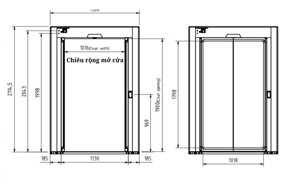 Bản vẽ kỹ thuật thể hiện chiều cao cửa thang máy