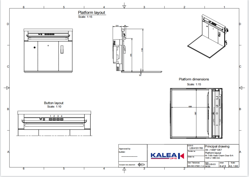 Bản vẽ bảng điều khiển thang máy gia đình Kalea thể hiện đầy đủ thông tin liên quan như vách điều khiển thang, phím bấm, tay nắm,... 