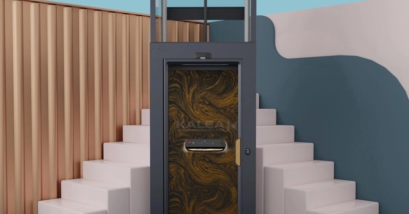 Dòng thang máy Kalea KOSMOS X-series với thiết kế kính kết hợp với phần vách được trang trí bằng những đường vân gỗ hoặc hoa văn độc đáo, tạo nét chấm phá cho toàn bộ tổng thể căn nhà