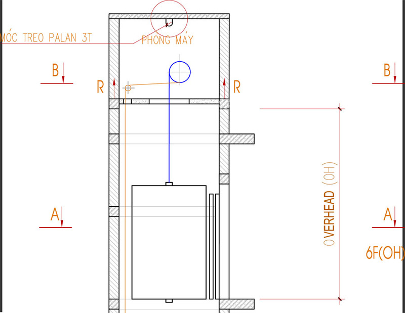 Xác định OH thang máy trong bản vẽ thiết kế