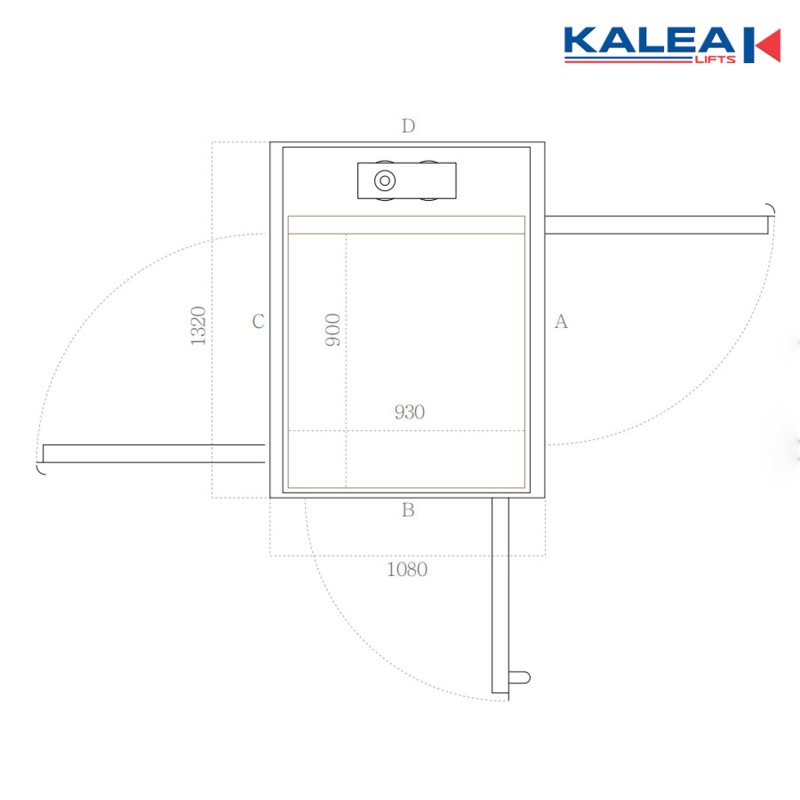 Lựa chọn kích thước khác với thang máy gia đình dành cho 2 người với diện tích sàn thang 800x930mm và diện tích thông thuỷ 1220x1080mm