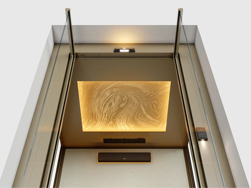 Trần cabin làm từ thép với hoạ tiết kỳ ảo, tích hợp đèn âm trần giúp nâng tầm nội thất thang máy