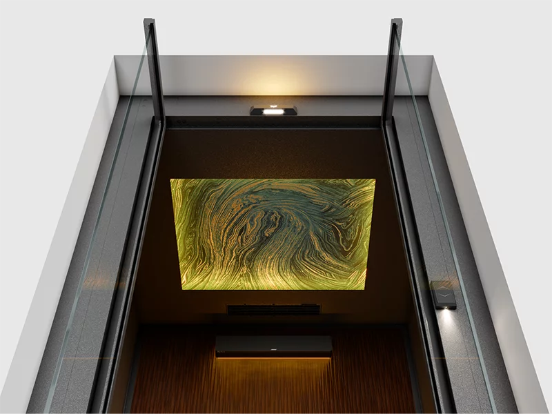 Trần giả cabin thang máy phần nào thể hiện gu thẩm mỹ sang trọng, tinh tế của gia chủ