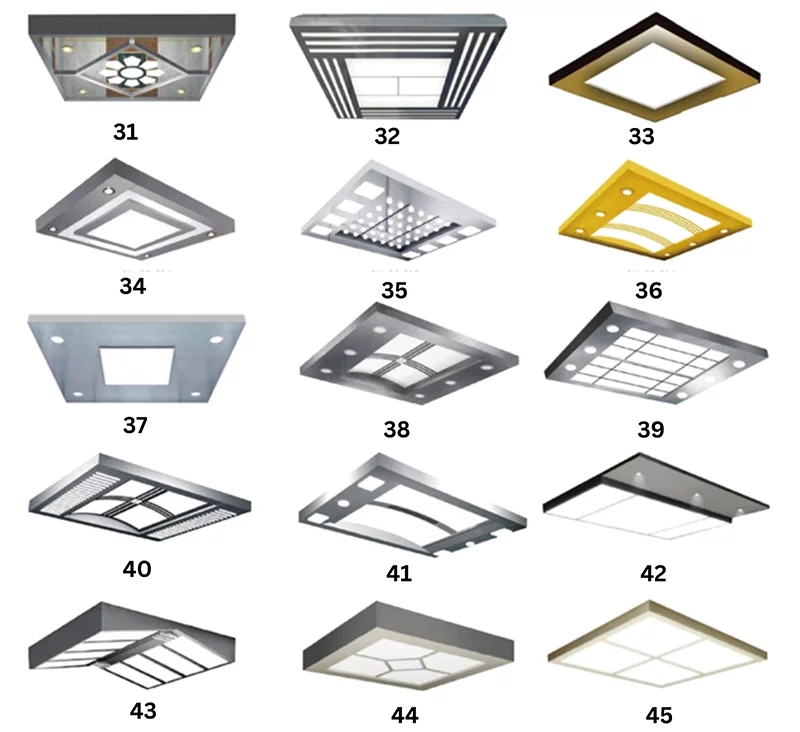 Vật liệu thiết kế trần cabin thang máy cũng rất đa dạng, có thể là inox mặt gương vàng, inox mặt gương trắng, inox hoa văn,...