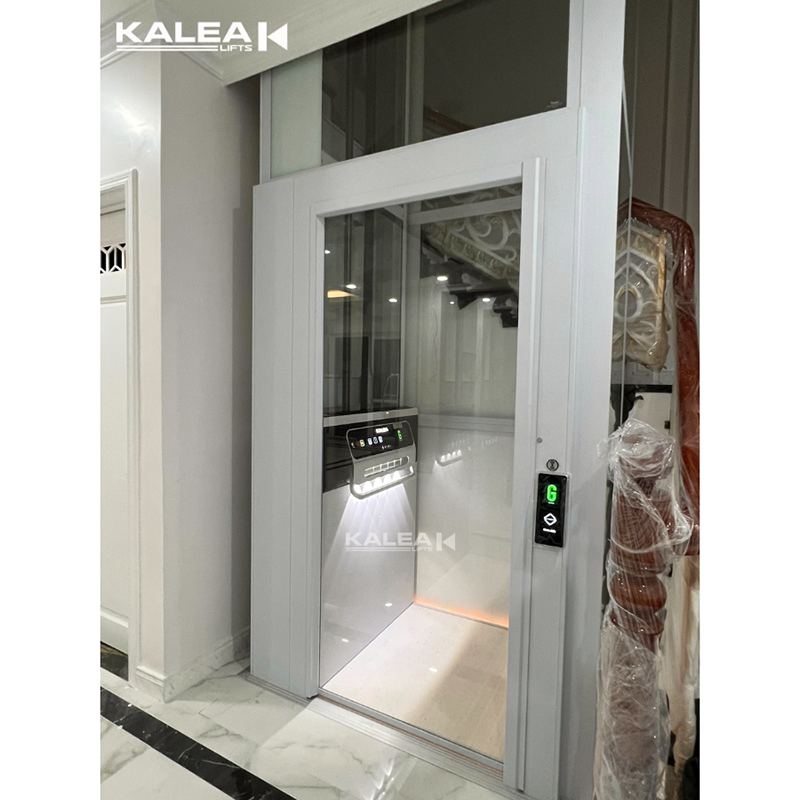 Thang máy sàn nâng nhập khẩu thương hiệu Kalea sở hữu giếng thang thế hệ mới nâng tầm thẩm mỹ cùng với nhiều mức tải trọng từ 300kg (2-4 người), 400kg (4-6 người) và 500kg (5-7 người)