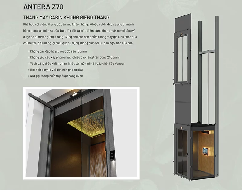 Mẫu thang máy cabin không giếng thang Antera Lifts Z70 mang lại không gian tối ưu cho ngôi nhà của bạn