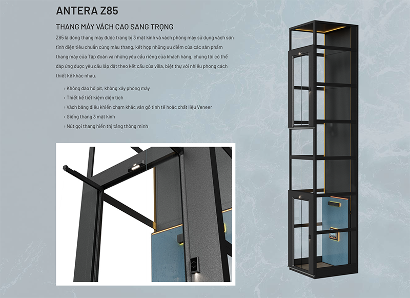 Antera Z85 - thang máy vách cao sang trọng, nút gọi thang hiển thị tần cực thông minh
