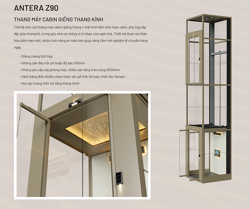 Antera Z90 - thang máy cabin giếng thang kính cực hiện đại