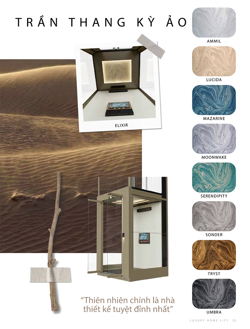Thang máy Antera có đa dạng màu sắc thiết kế ấn tượng và độc đáo cho trần thang thêm kỳ ảo