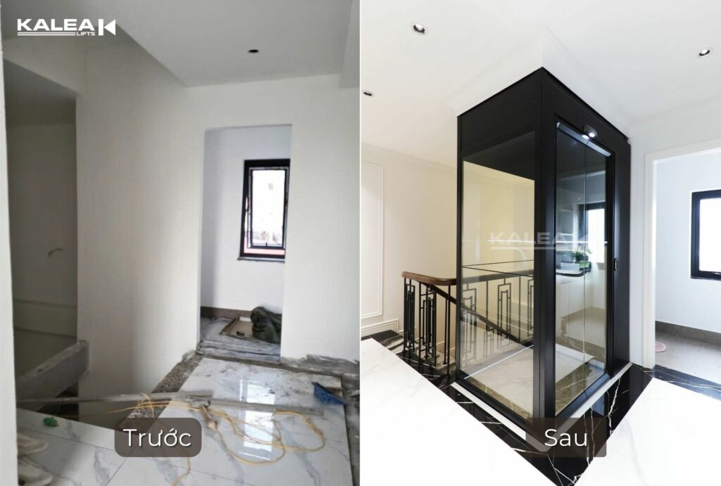 Hình ảnh trước và sau khi lắp đặt thang máy không phòng máy Kalea Lifts tại Tôn Đức Thắng, Hà Nội