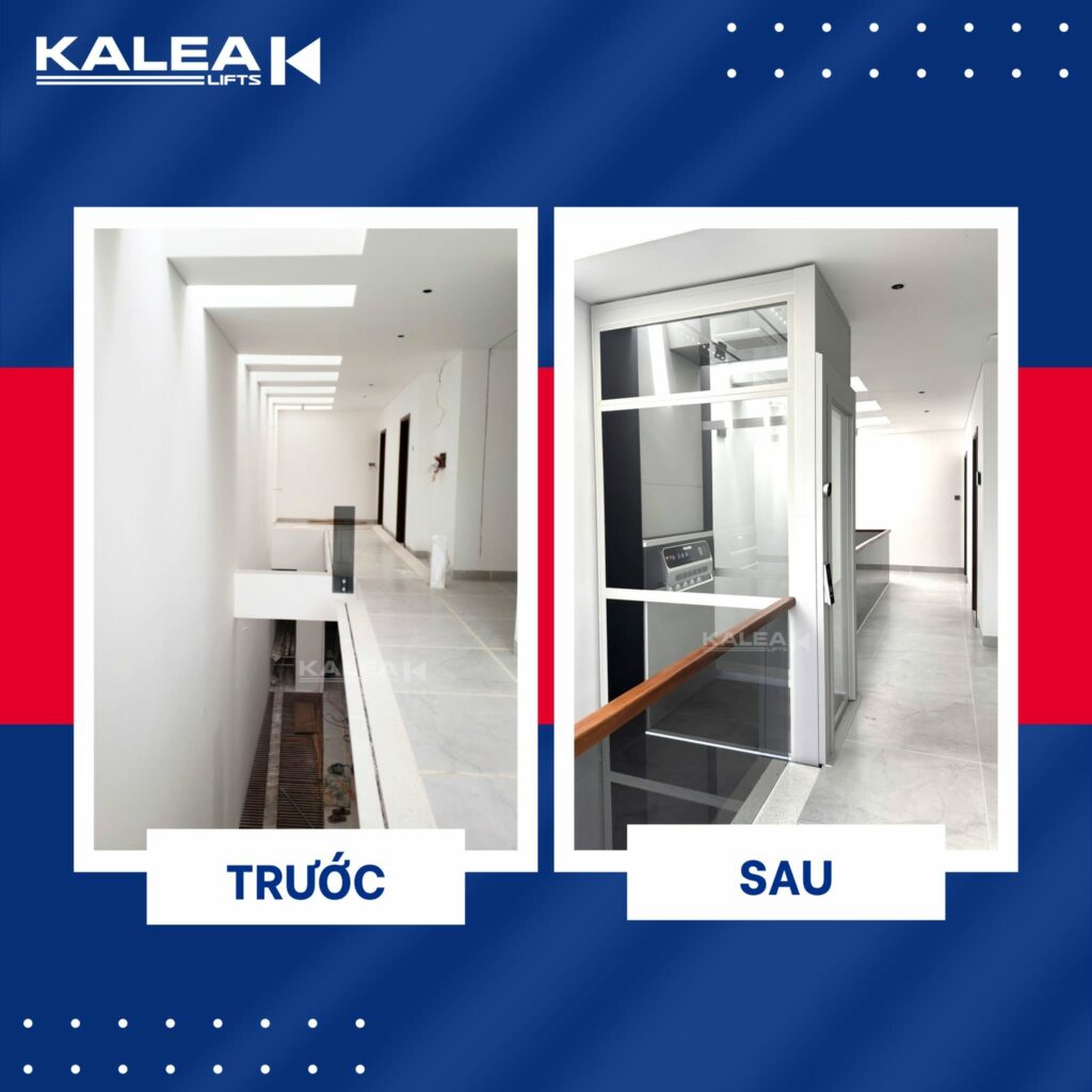 Thang máy kính Kalea K90 trước và sau khi lắp tại ô thông tầng Euro Village Đà Nẵng