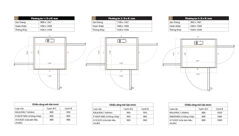 Bản vẽ kích thước thang máy gia đình size M tải trọng 400kg – 500kg 