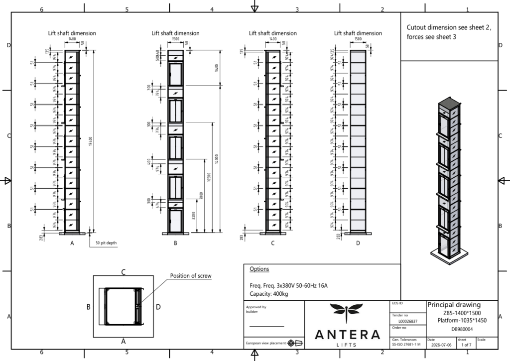 Bản vẽ kỹ thuật của thang máy Antera Lift 