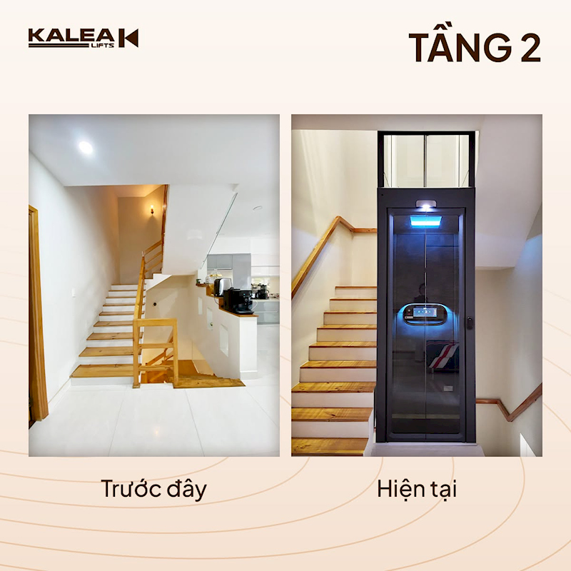 Thang máy cabin đã tích hợp giếng thang được thiết kế giúp hòa hợp với tổng thể ngôi nhà bằng sự vững chãi
