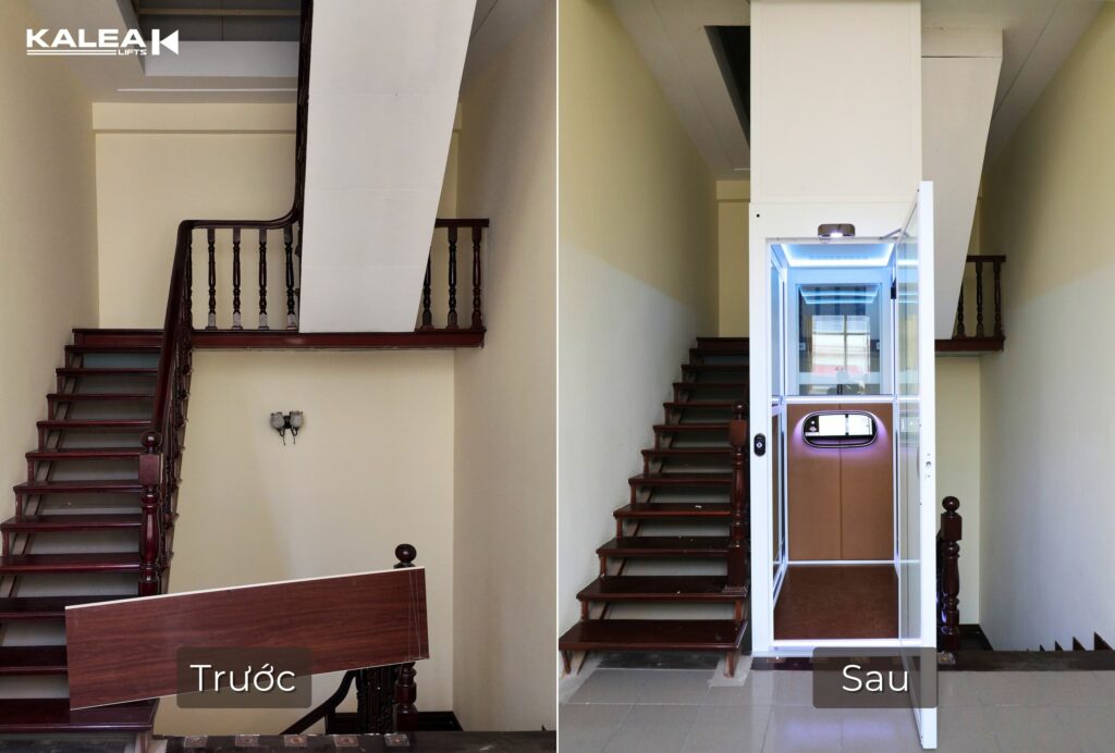 Tầng trên cùng của công trình trước và sau khi lắp đặt thang máy Kalea X50 Limited