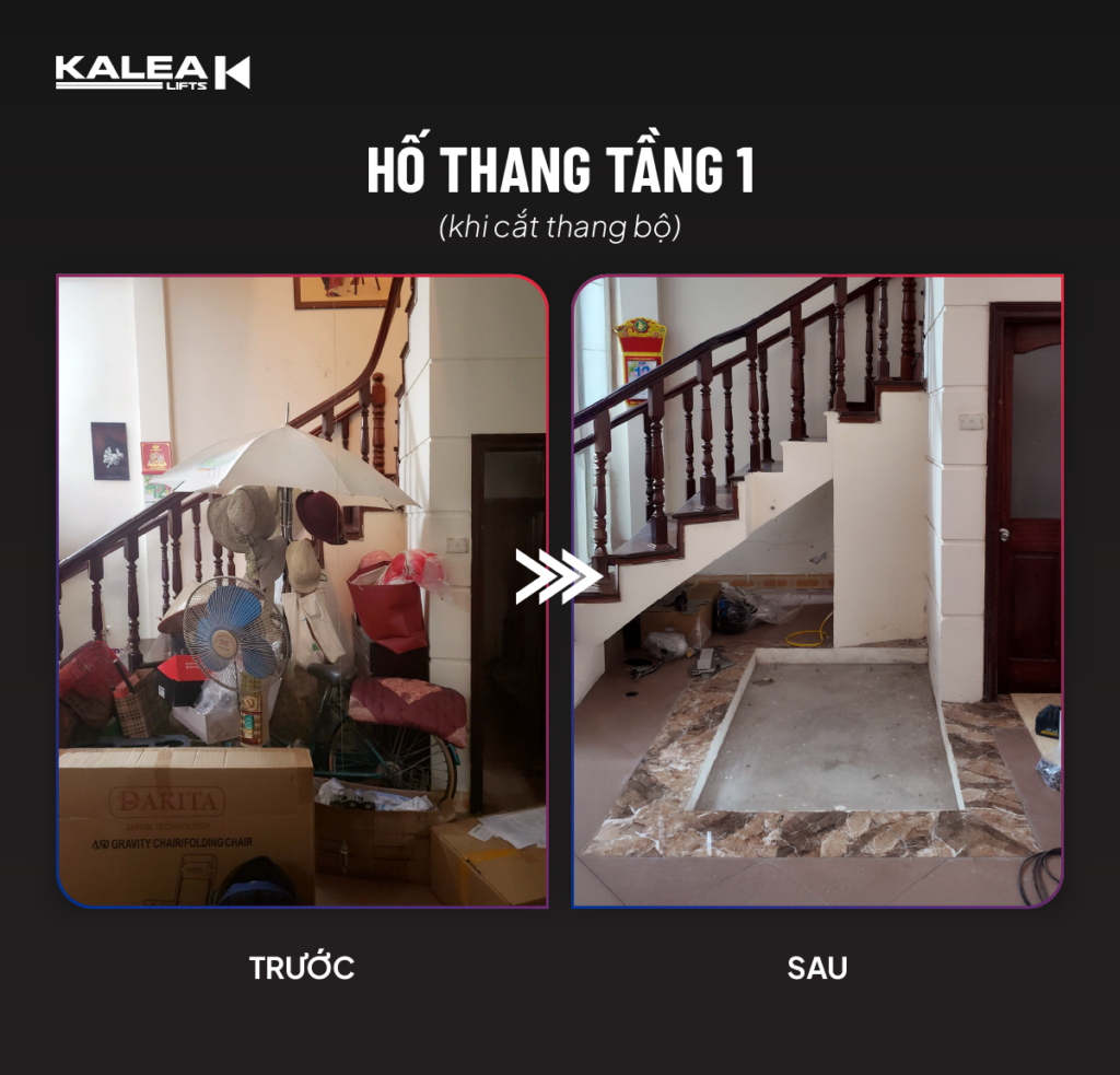 Vị trí lắp đặt trước và sau khi cắt thang bộ để lắp thang máy Kalea