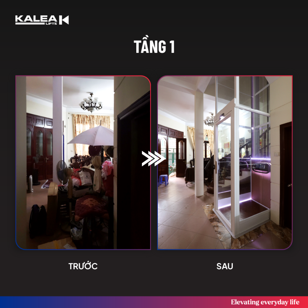 Tầng 1 của công trình trước và sau khi lắp đặt thang máy Kalea X50 Limited