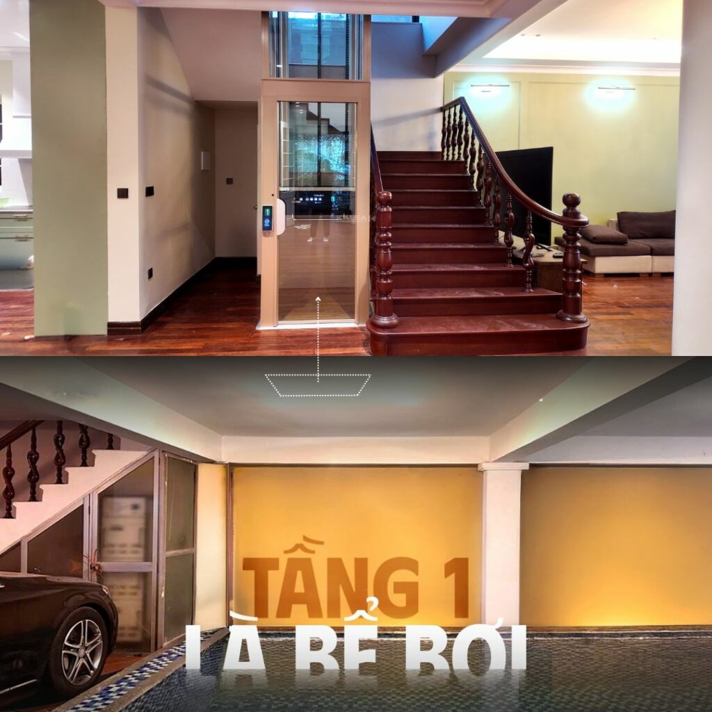 Công trình lắp đặt thang máy từ tầng 2 bỏ qua tầng 1 có bể bơi