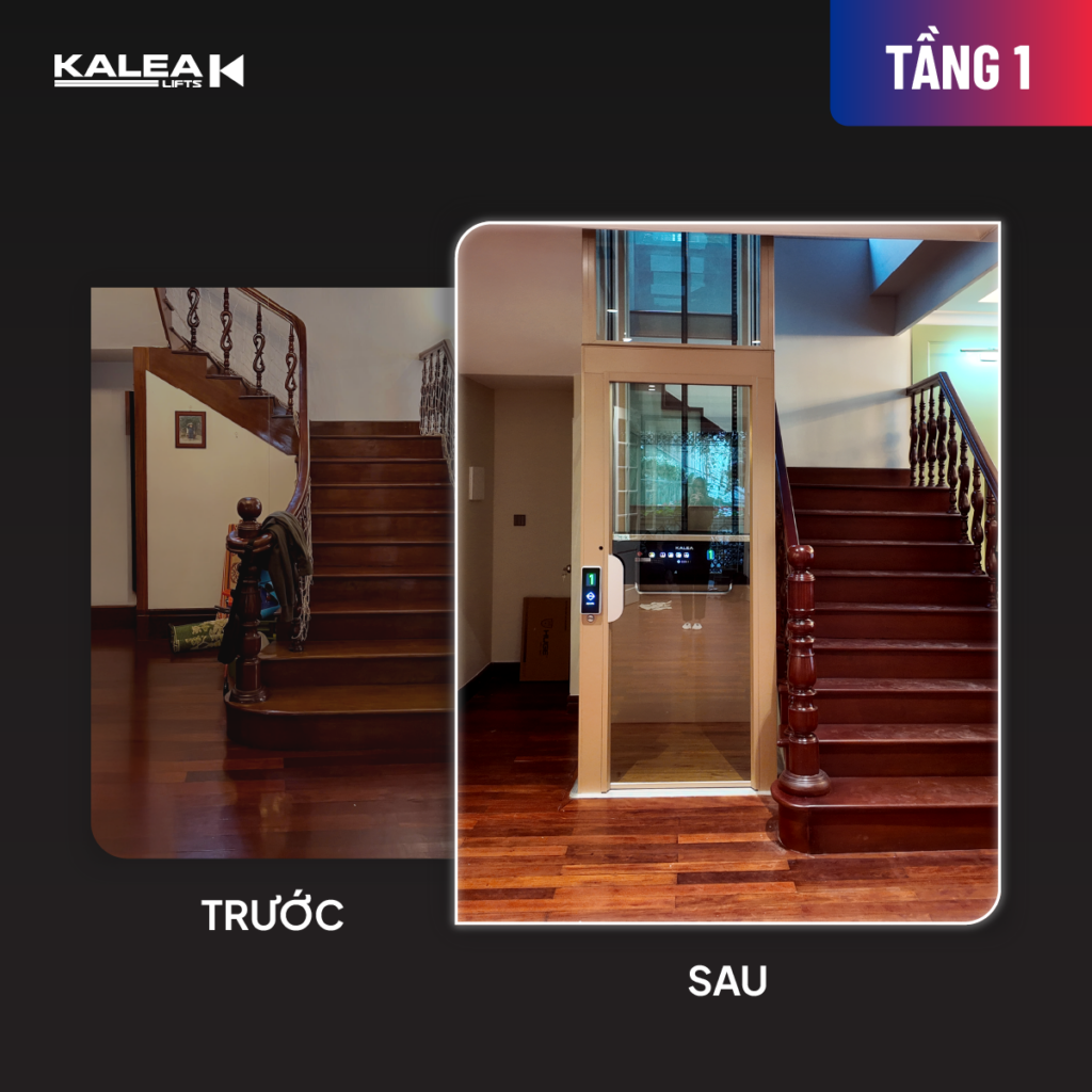 Tầng 1 công trình trước và sau khi lắp đặt thang máy Kalea
