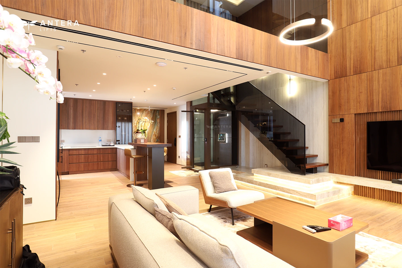 Antera Lifts Z90 là thang cabin tích hợp giếng kính 4 mặt với nhiều tùy chọn hoàn thiện nội thất.
