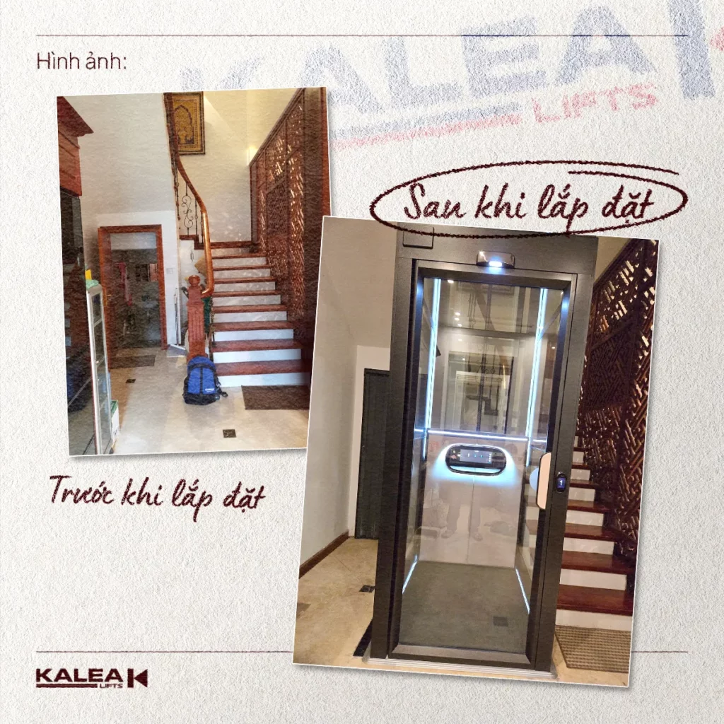 Tầng 1 trước và sau khi lắp đặt thang máy mini Kalea
