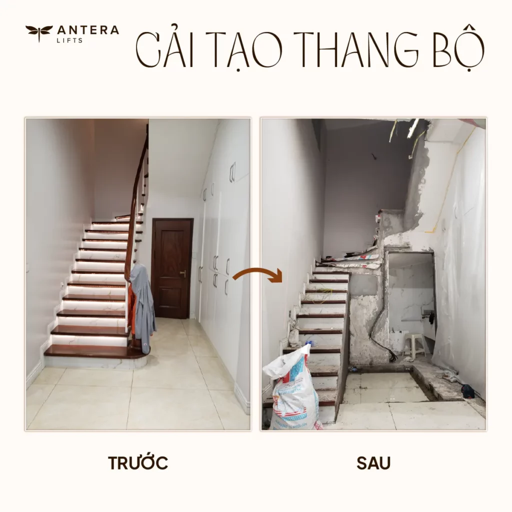Hiện trạng nhà khi cải tạo thang bộ để lắp đặt thang máy kính Antera Lifts Z90.