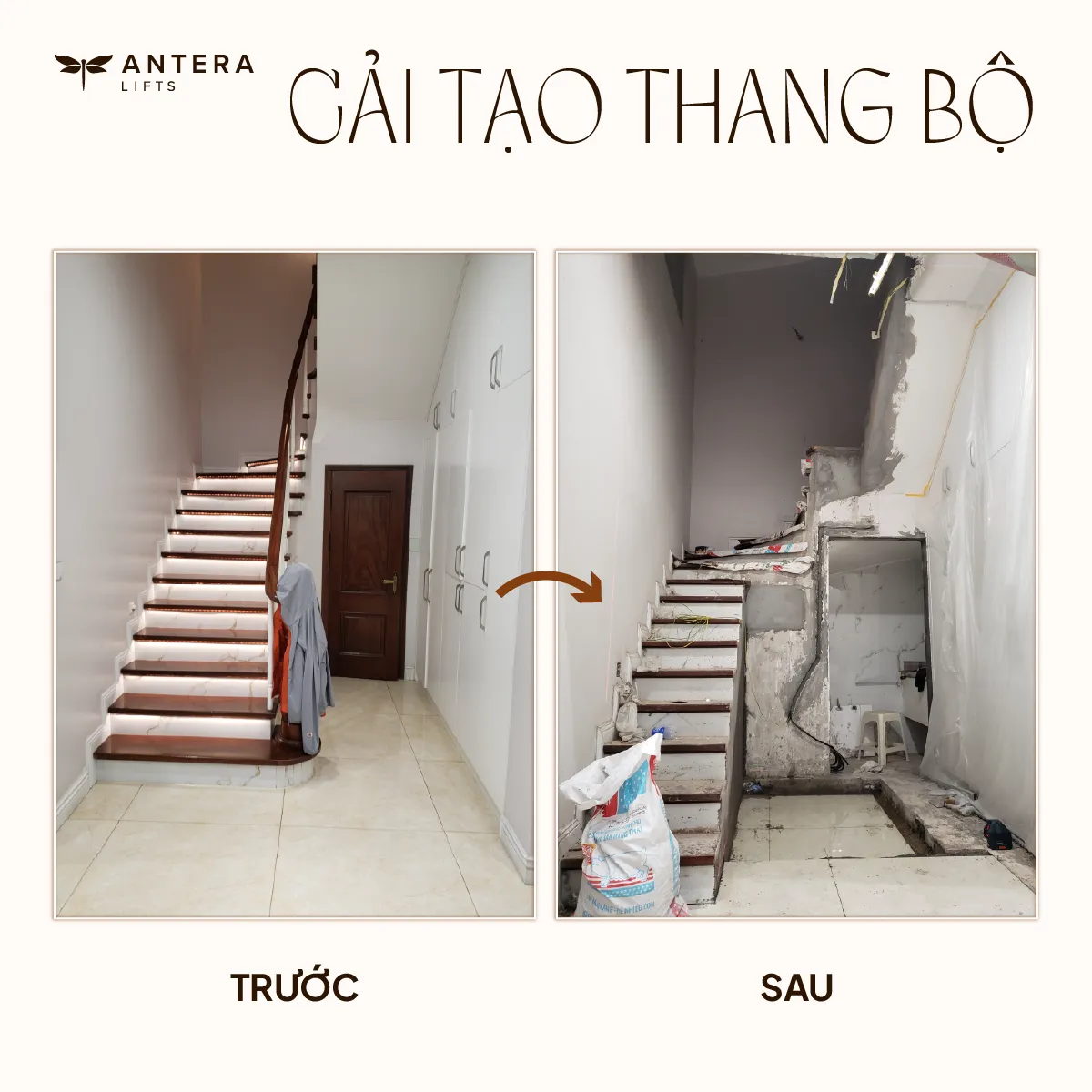 Hiện trạng nhà khi cải tạo thang bộ để lắp đặt thang máy kính Antera Lifts Z90.