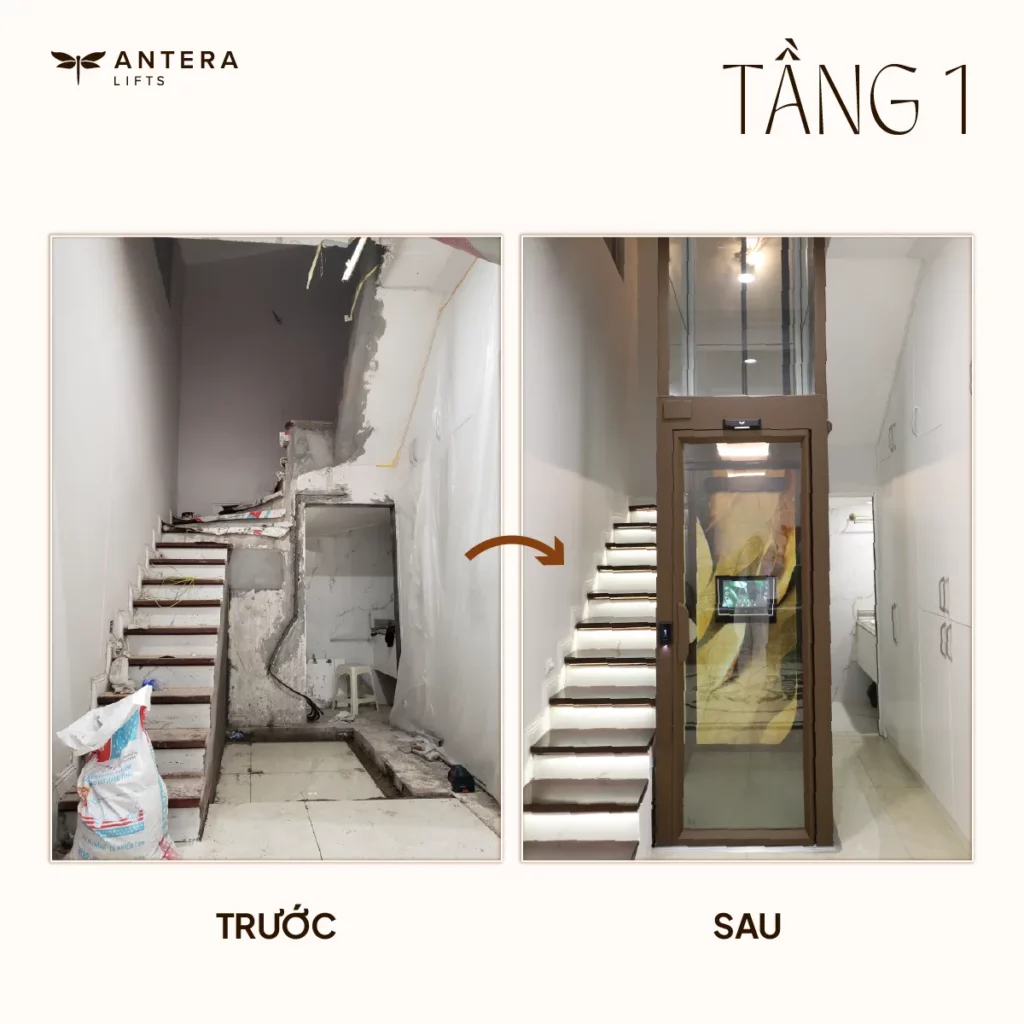 Tầng 1 sau khi cải tạo thang bộ và lắp đặt thang máy kính Antera Lifts Z90.