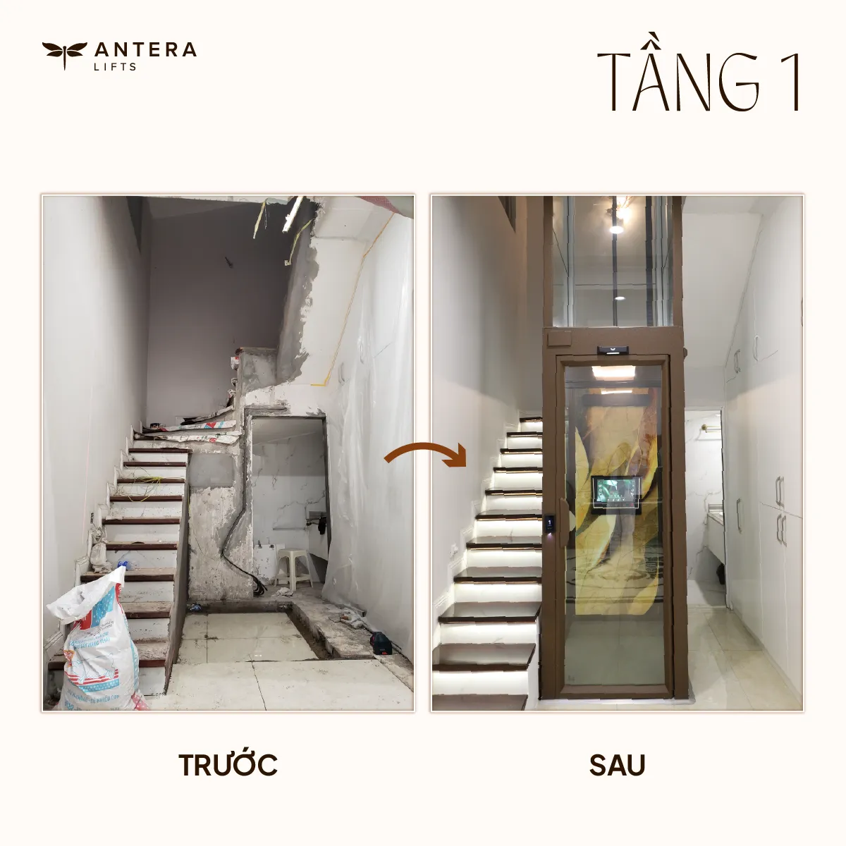 Tầng 1 sau khi cải tạo thang bộ và lắp đặt thang máy kính Antera Lifts Z90.