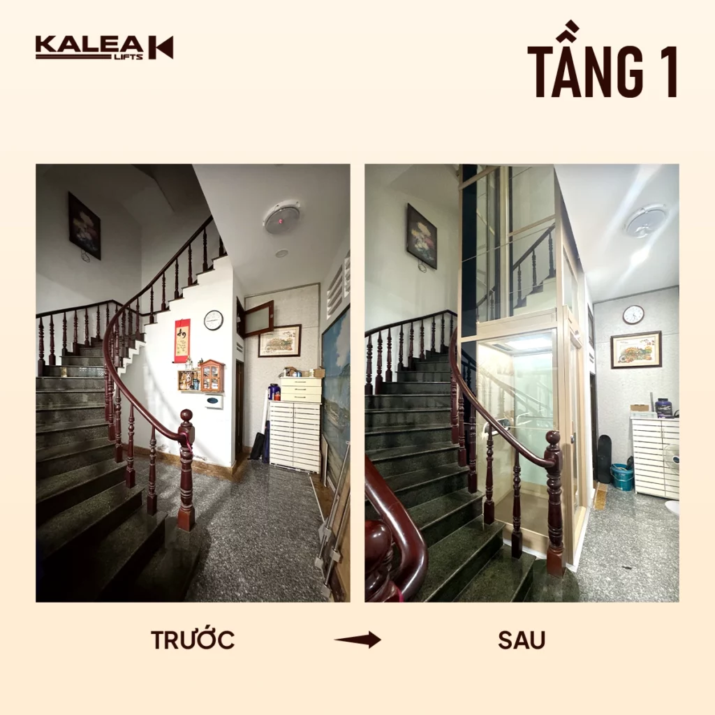 Tầng 1 của công trình trước và sau khi lắp đặt thang máy gia đình Kalea 