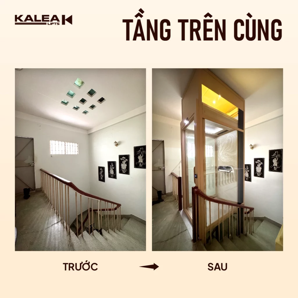 Tầng trên cùng của công trình trước và sau khi lắp đặt thang máy gia đình Kalea 