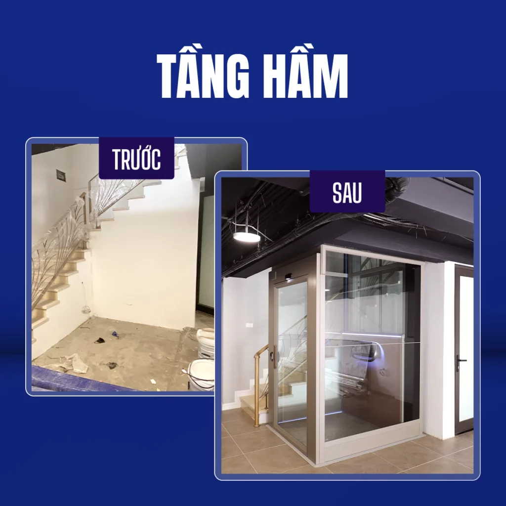Tầng hầm trước và sau khi lắp đặt thang máy trục vít Kalea 