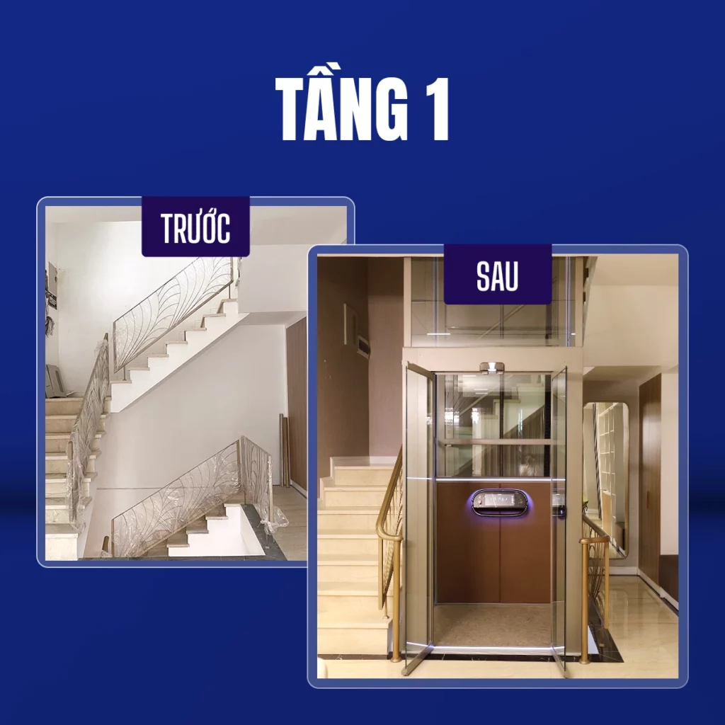 Tầng 1 trước và sau khi lắp thang máy trục vít Kalea dùng cửa 2 cánh tự động 