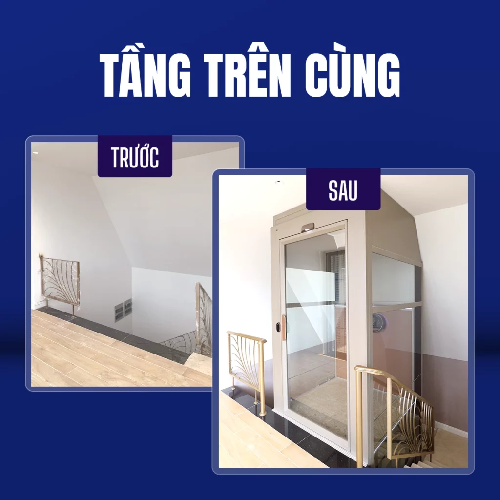 Tầng trên cùng có mái chéo trước và sau khi lắp đặt thang máy trục vít Kalea 