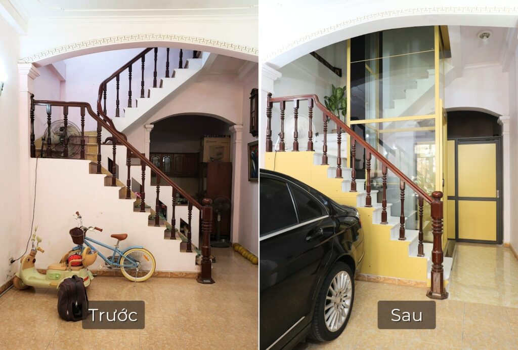 Trước và sau khi lắp đặt thang máy gia đình Kalea cho nhà cải tạo