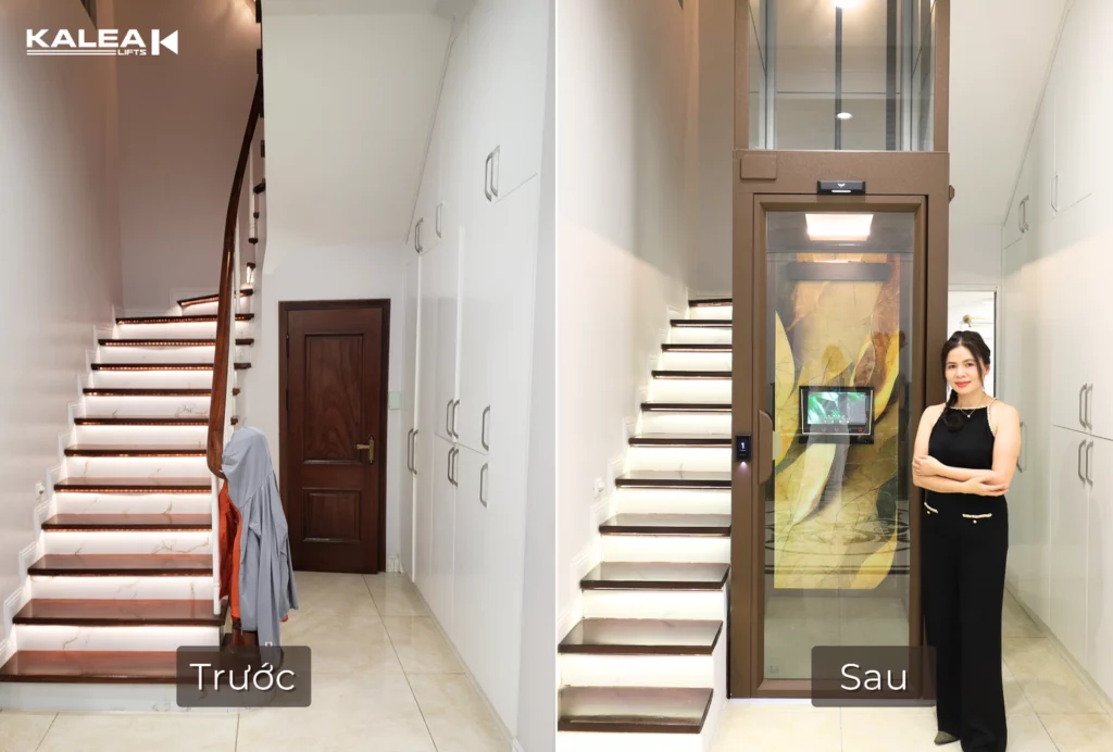 Thang máy vách kính màu thang Cedar Brown hòa hợp với không gian của căn biệt thự 