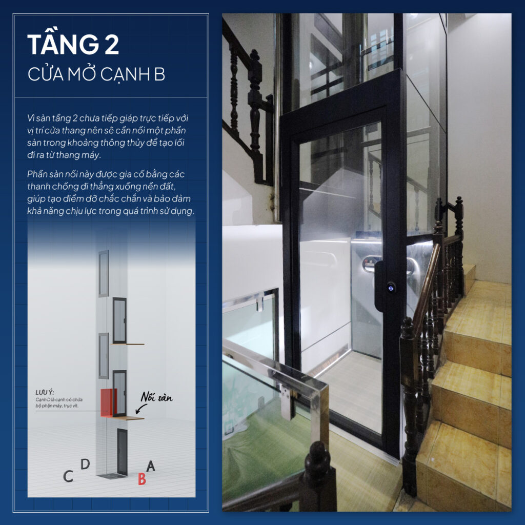 Thang máy X50 Standard tầng 2 mở cửa cạnh B và nối sàn tầng 2 khi lắp thang máy cho nhà lệch tầng
