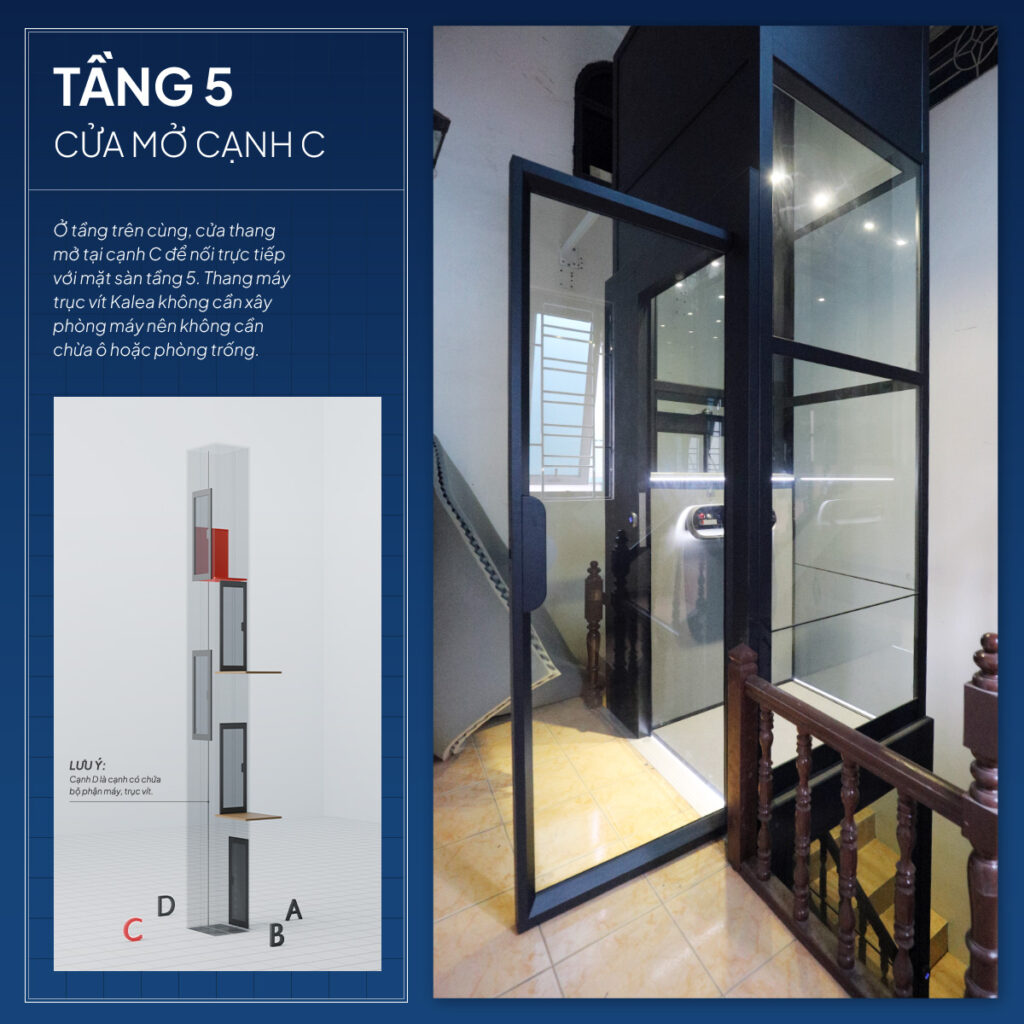 Thang máy X50 Standard tầng 5 mở cửa cạnh C cho nhà lệch tầng tại Thường Tín
