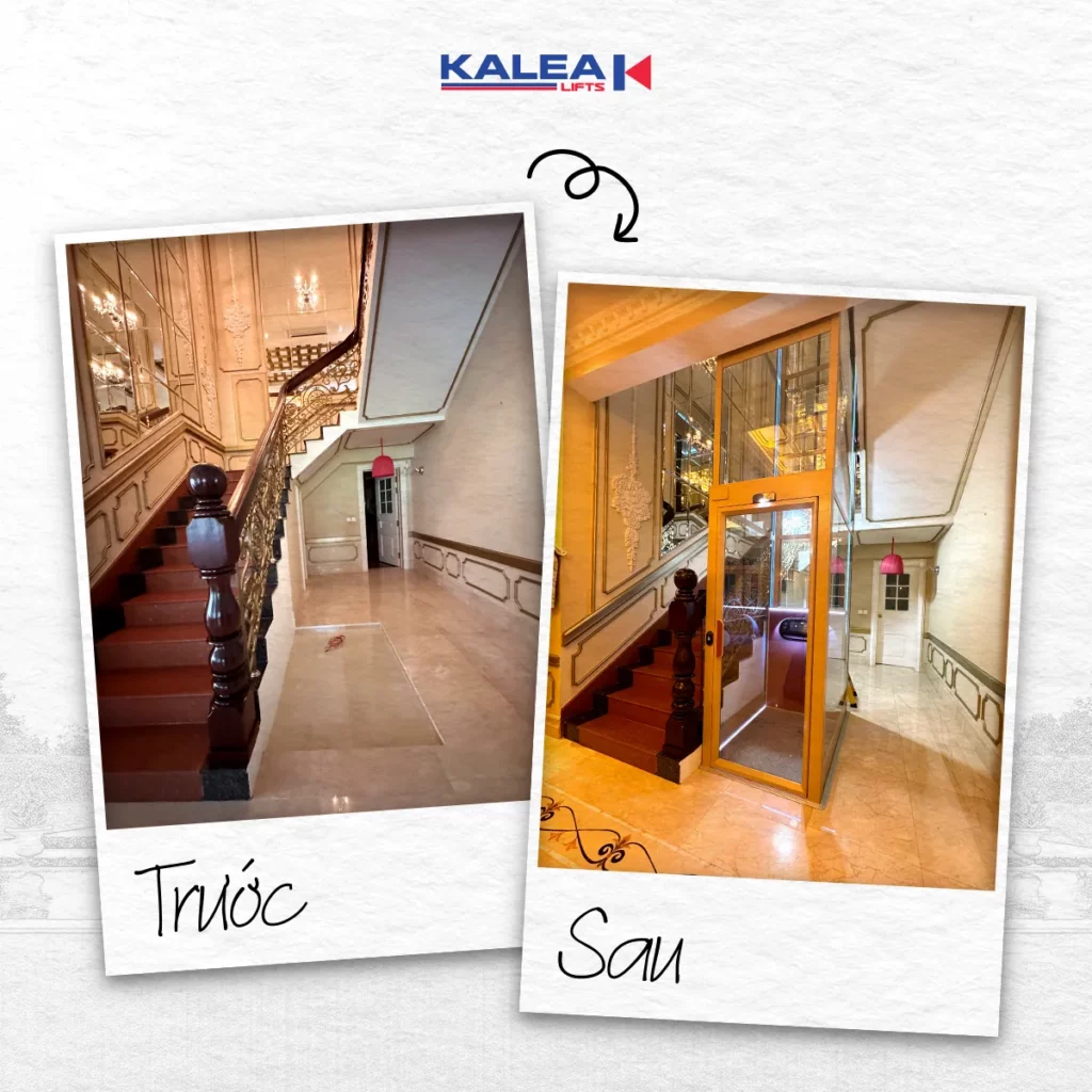 Tầng 1 của công trình trước và sau khi lắp đặt thang máy gia đình 2 tầng Kalea