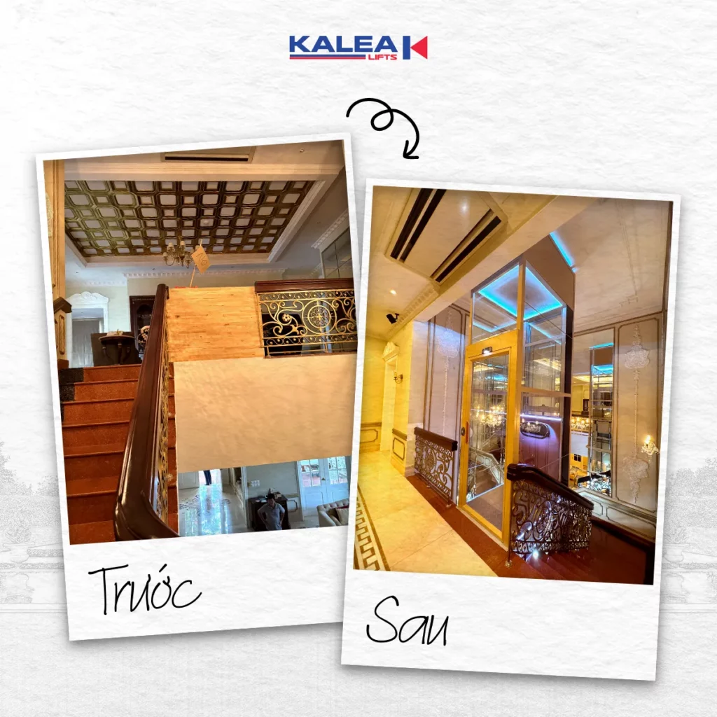 Tầng 2 của công trình trước và sau khi lắp đặt thang máy gia đình Kalea