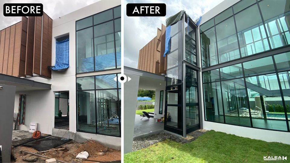 Ảnh trước và sau khi lắp đặt thang máy ngoài trời Kalea 2 tầng